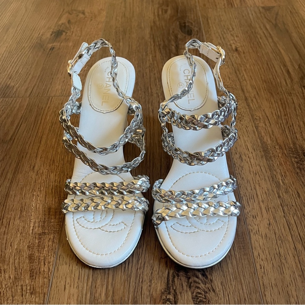 Chanel Silver Woven Wedges